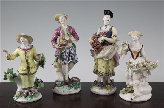 Four Bow porcelain figures, restored, c.1758-62,